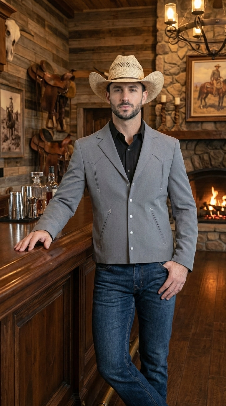 Mens Gray Western Blazer Set – Cowboy Style Jacket and Pants Outfit Classic Country Western Suit - 36 Short