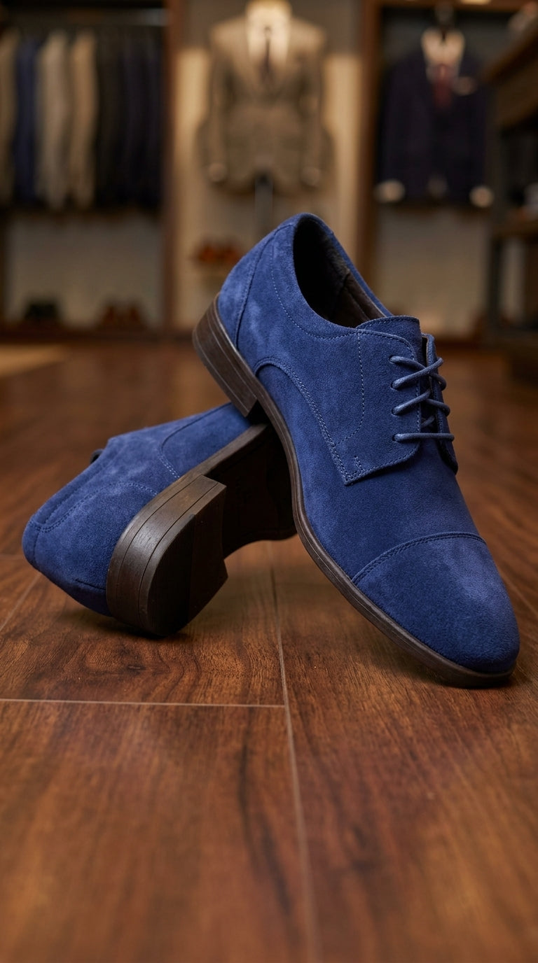 Men’s Navy Blue Suede Cap Toe Dress Shoes – Classic Lace Up Formal Wedding and Prom Shoes Velvet Fabric - 6 Standard / D / Medium