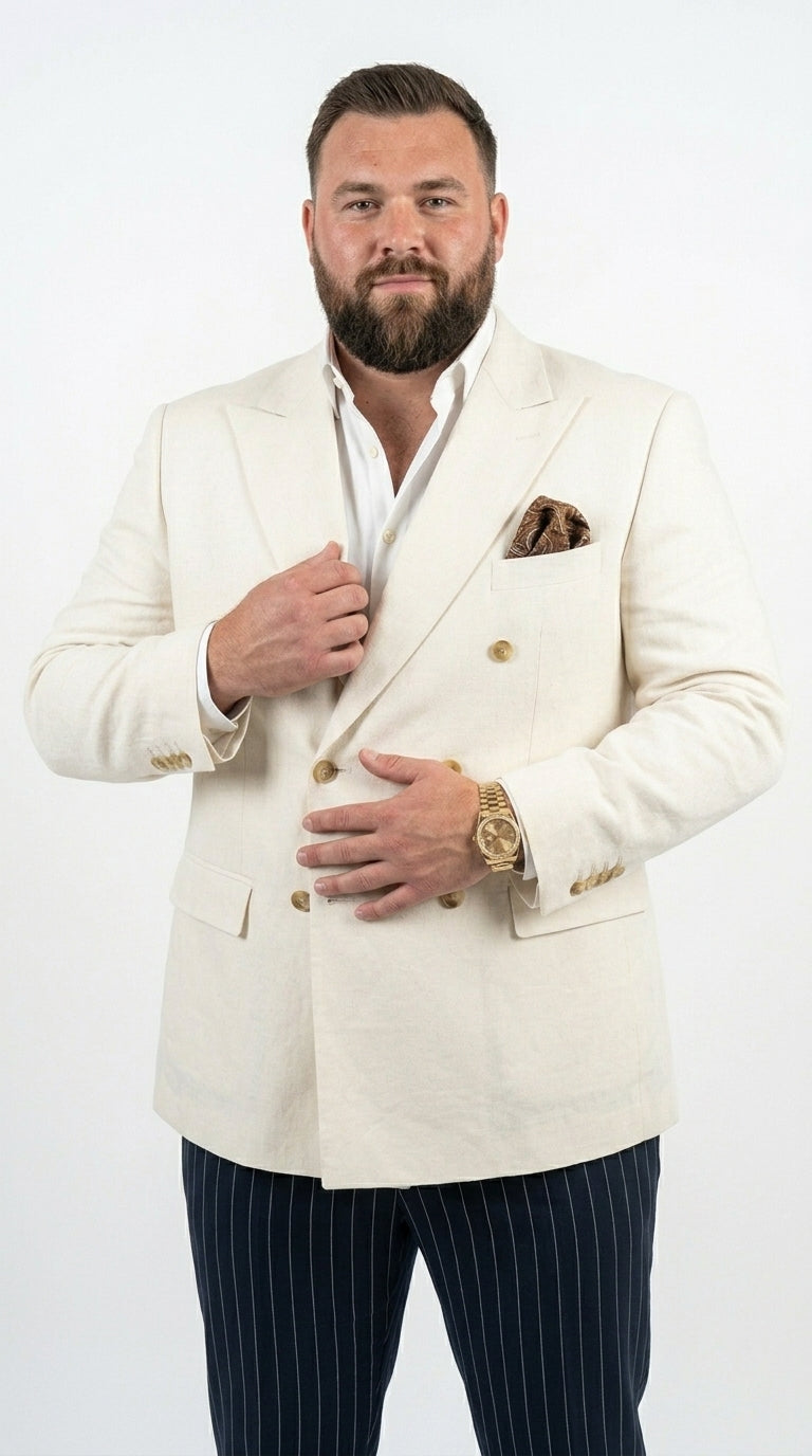 Men’s Ivory Linen Double Breasted Blazer, Lightweight Wedding Dinner Sport Coat Jacket Cream Off White - 36 Short
