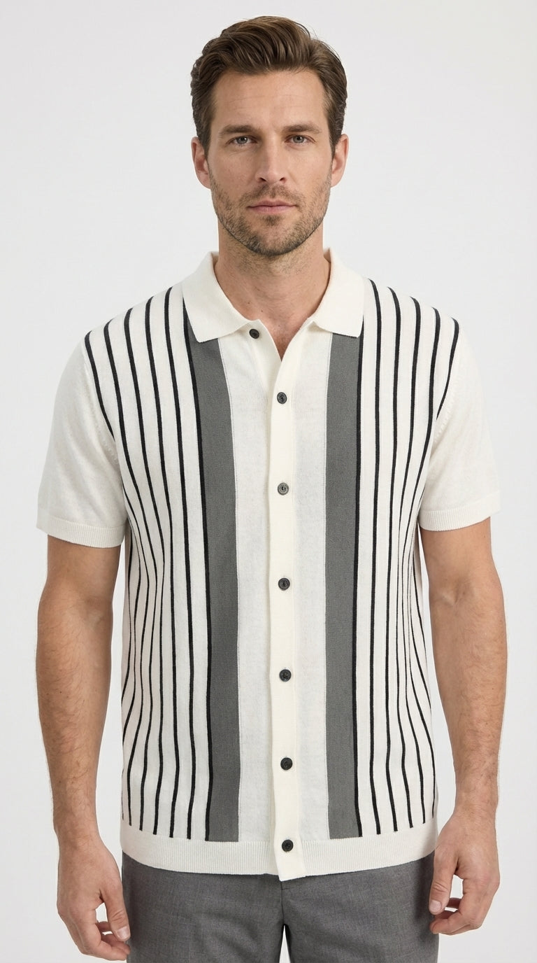 Mens White and Charcoal Gray Stripe Walking Suit Set – Short Sleeve Button Shirt and Pants Casual Summer Outfit for Travel, Vacation and Everyday Wear - S