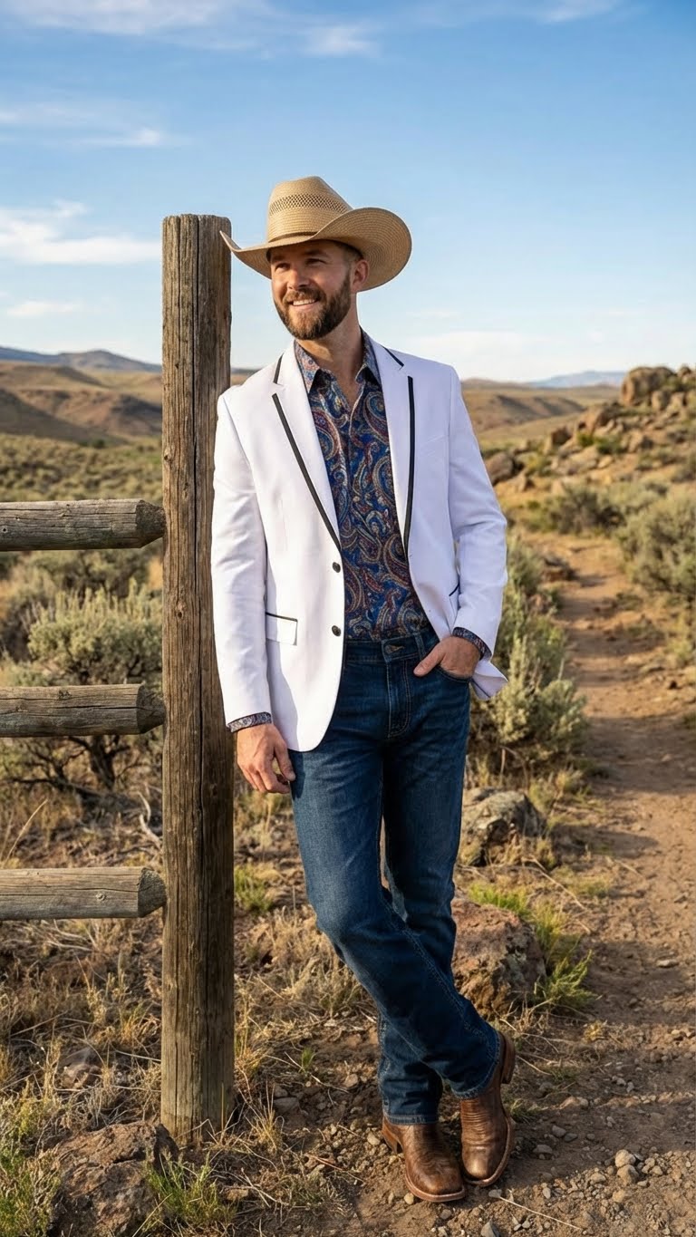 Menâ€™s White Western Blazer with Black Trim â€“ Classic Cowboy Style - 36 Short