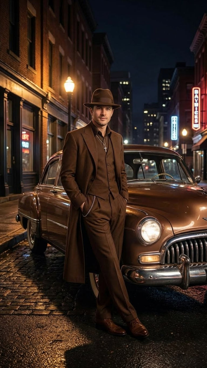 Mens Brown 1920s Zoot Suit Long Gangster Mafia Suit Vintage Three-Piece Costume Set Pachuco Style