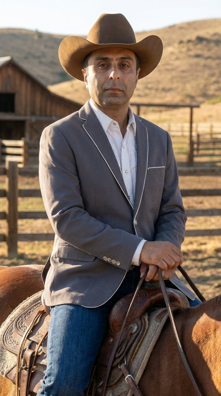 Mens Grey and White Trim Western Blazer – Classic Fit Cowboy Style Contrast Trim Dress Jacket - 34 Short