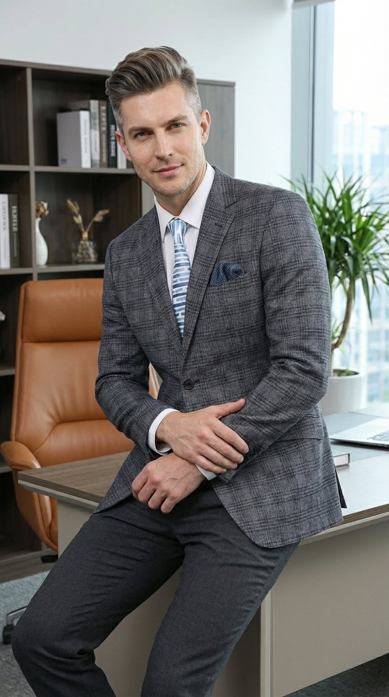 Mens Charcoal Gray with Blue Plaid Pattern Blazer Jacket – Classic Check Pattern Sport Coat for Business, Office, and Smart Casual Wear - 36 Short