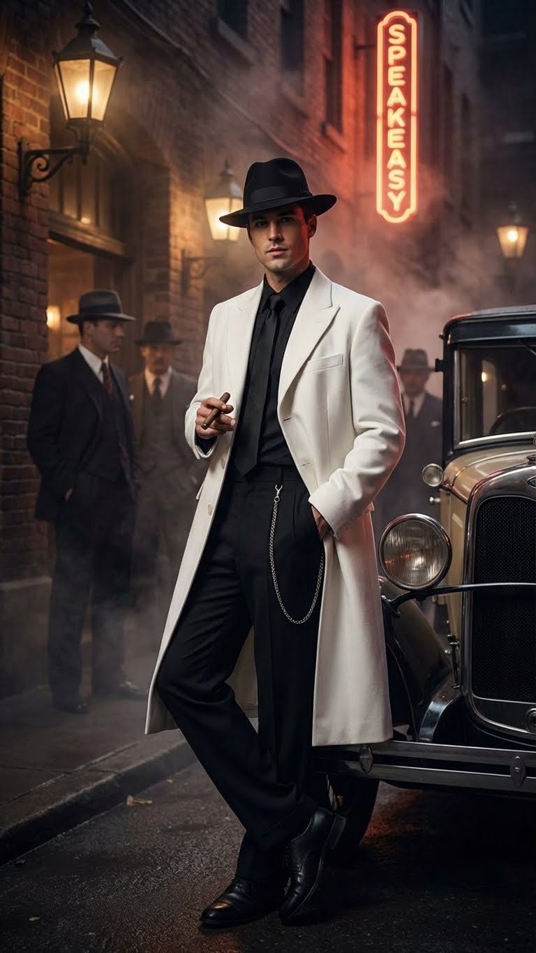 Men’s White Long Zoot Style Suit  | Vintage Gangster Mafia Formal Coat with Black Pants - 34 Short or Extra Small