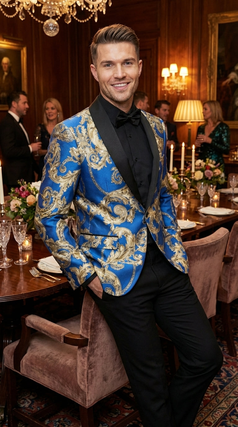 Men’s Royal Blue and Gold Blazer Jacket – Luxury Floral Pattern Tuxedo Blazer, Formal Party Wedding Dinner Jacket, Stylish Evening Wear - 36 Short