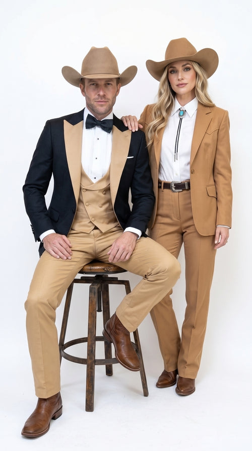 Men's Western Khaki Cowboy Tuxedo Suit – Black & Tan Beige  Peak Lapel 3-Piece Vested Formal Cowboy Suit