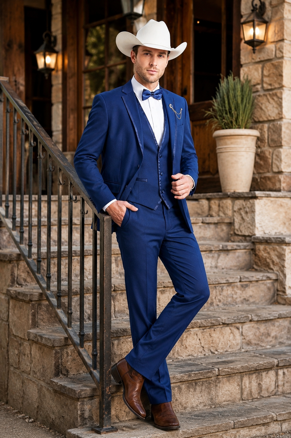 Men’s Blue Western Tuxedo Suit, 3 Piece Cowboy Formal Wedding Prom Suit with Satin Trim