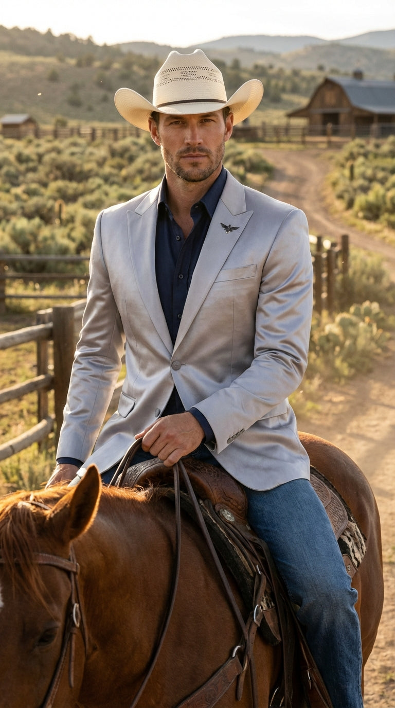Mens Shiny Silver Cowboy Blazer Western Style Satin Finish Blazer for Party, Country Events and Evening Wear