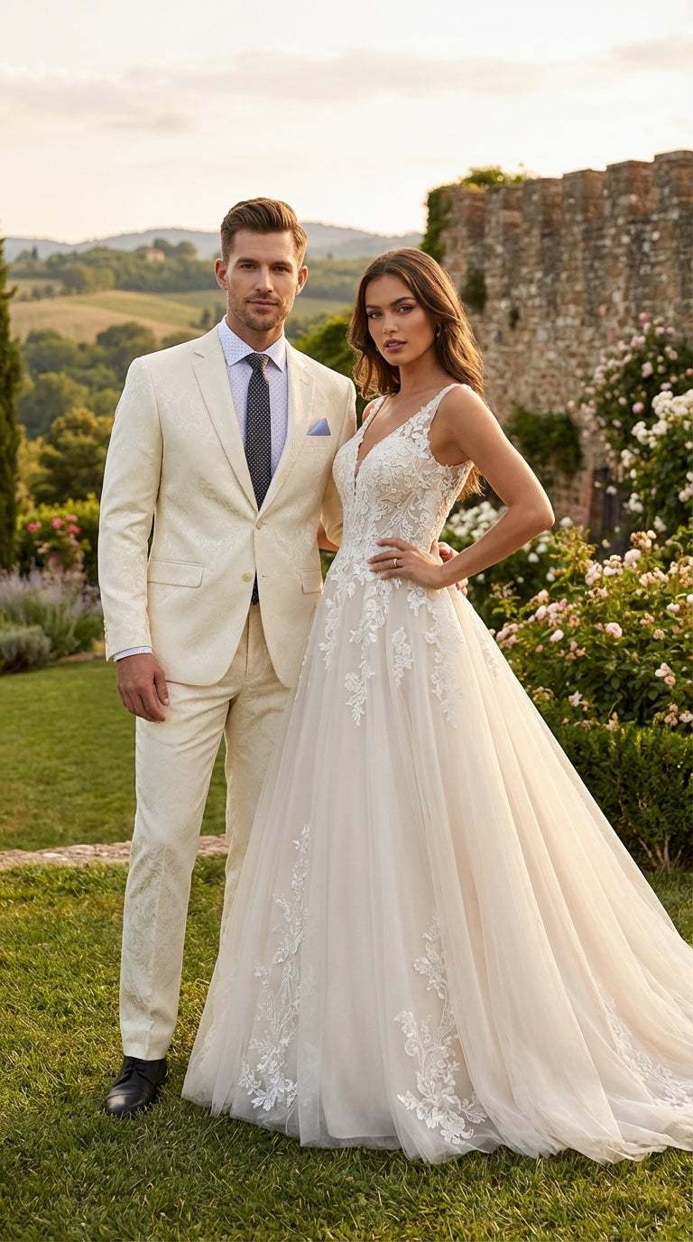 Men’s Ivory Paisley Shiny Suit – Flroal Formal Wedding and Prom Suit for Party, in Cream Off White - 34 Short or Extra Small