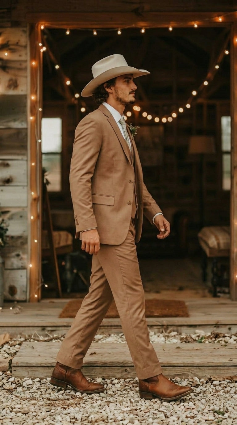 Mens Camel Brown Copper Western 3 Piece Suit – Classic Country Style Blazer Vest Pants Set, Formal Cowboy Suit Outfit - 34 Short or Extra Small