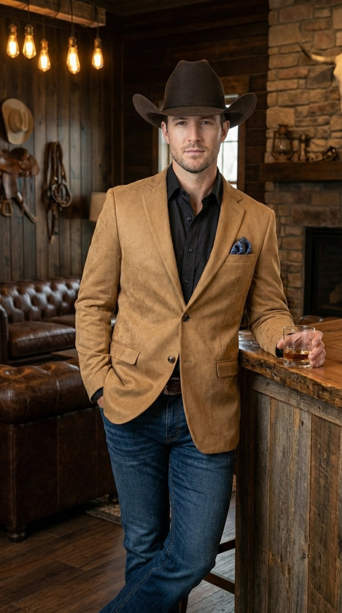 Men’s Camel Suede Cowboy Blazer – Camel Western Style Suede Sport Coat for Casual