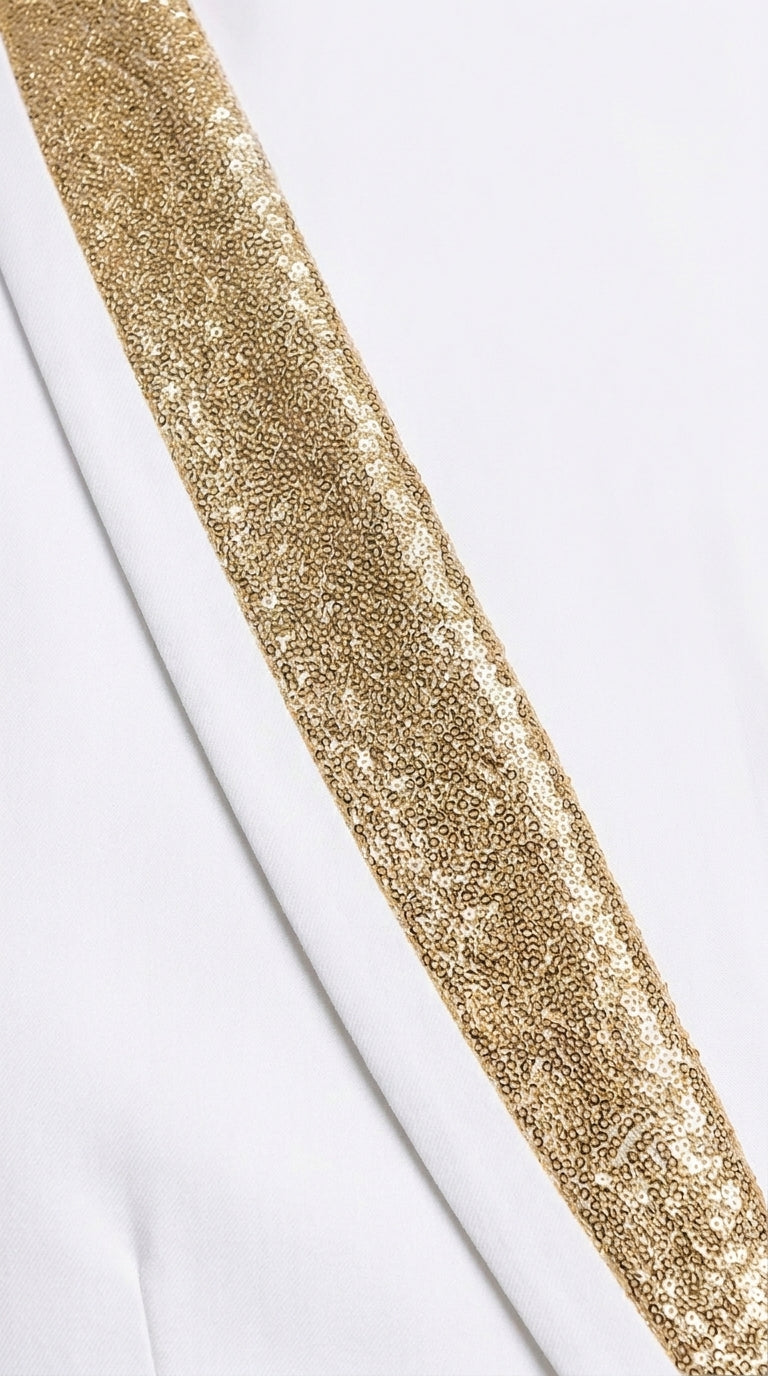 Men’s White and Gold Lapel 2-Piece Tuxedo Suit with Gold Glitter Shawl Lapel – Wedding, Prom and Dinner Jacket - 34 Short or Extra Small