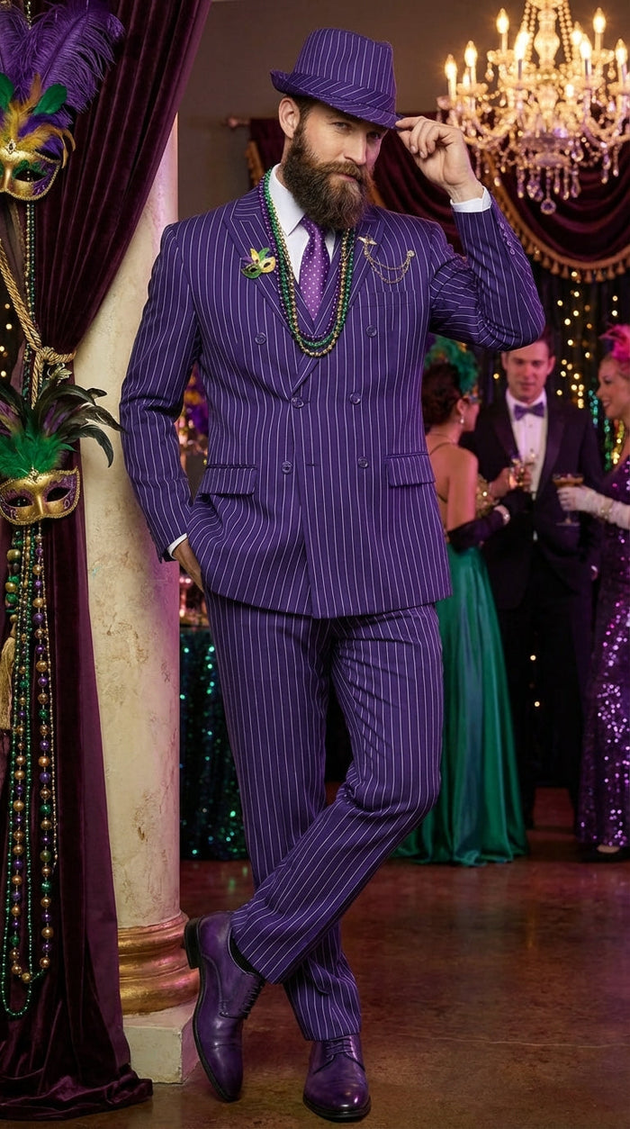 Mens Purple Pinstripe Mardi Gras Suit | Classic Double Breasted Formal Carnival Suit