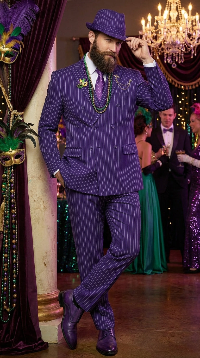 Mens Purple Pinstripe Mardi Gras Suit | Classic Double Breasted Formal Carnival Suit