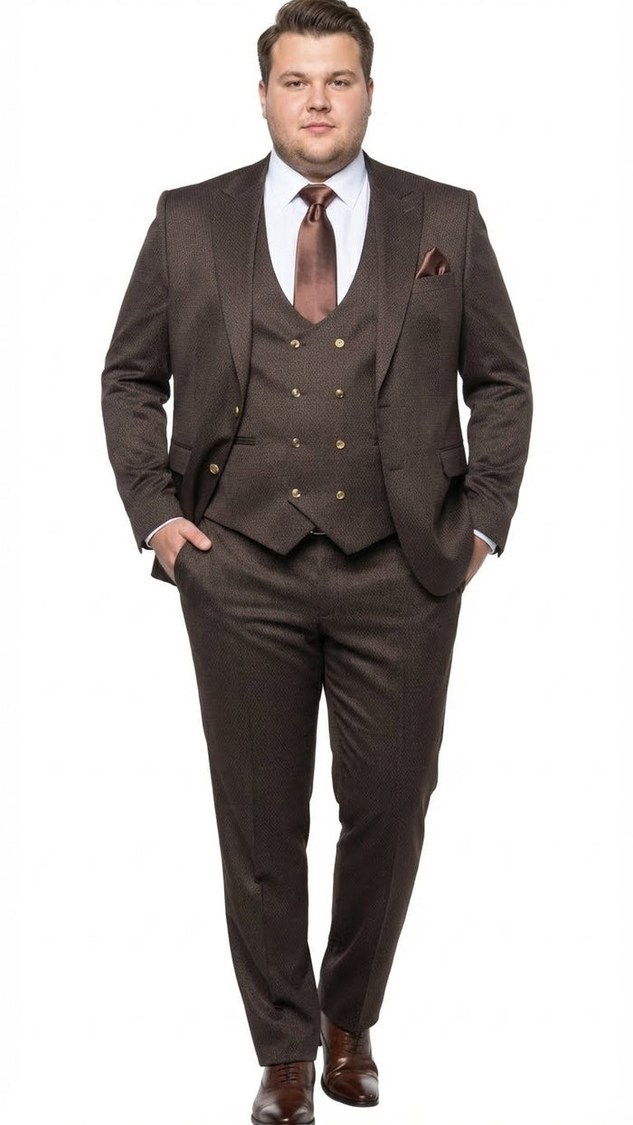 Mens Chocolate Brown Textured 3-Piece Suit Luxury Double-Breasted Vest Formal Set