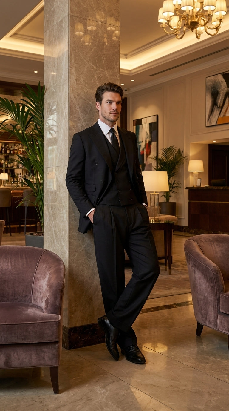 Tiglio Rosso Men’s Black Super 150’s Italian Wool 3-Piece Suit – Double-Breasted Jacket, Vest and Wide-Leg Pleated Pants - 34 Short or Extra Small