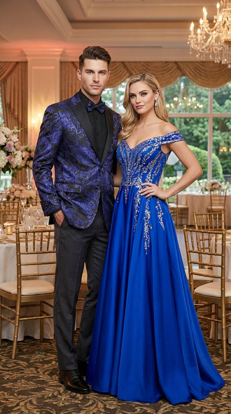 Mens Royal Blue Paisley Jacquard Blazer – Luxury Pattern Tuxedo Dinner Jacket with Black Satin Lapel for Wedding, Prom With Bowtie - 36 Short