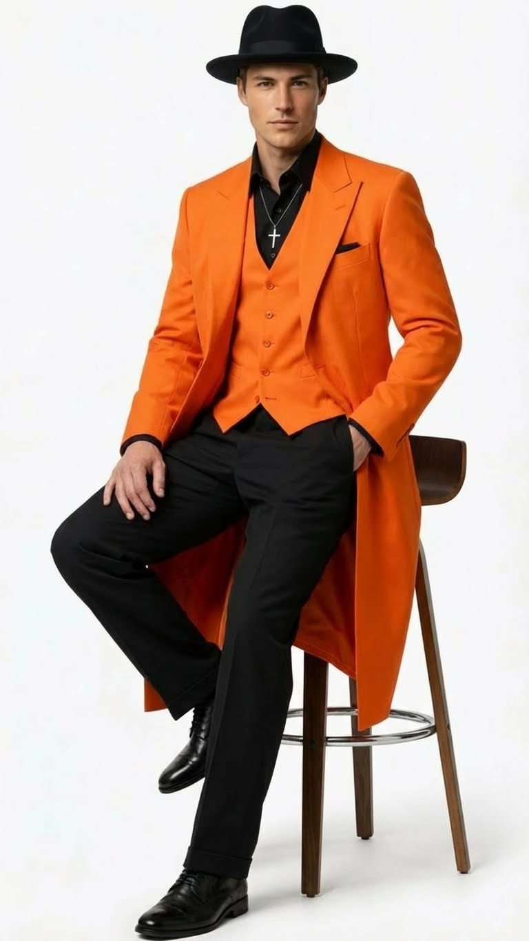 Men’s halloween Costume Orange Long Zoot Suit Set With Black Shirt and Black Pants included - 34 Short or Extra Small