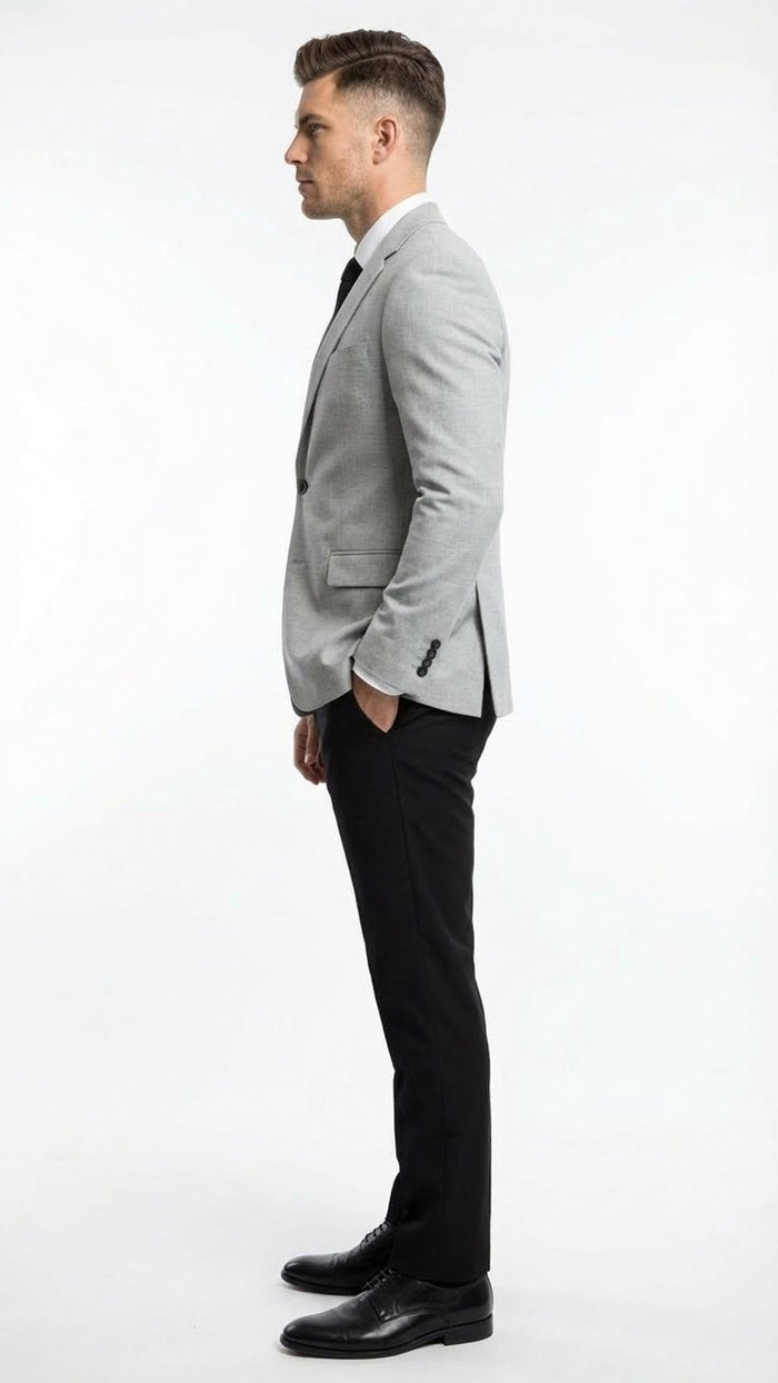 Mens Light Grey Slim Fit Blazer Sport Coat with Black Pants | Premium Formal and Smart Casual Outfit
