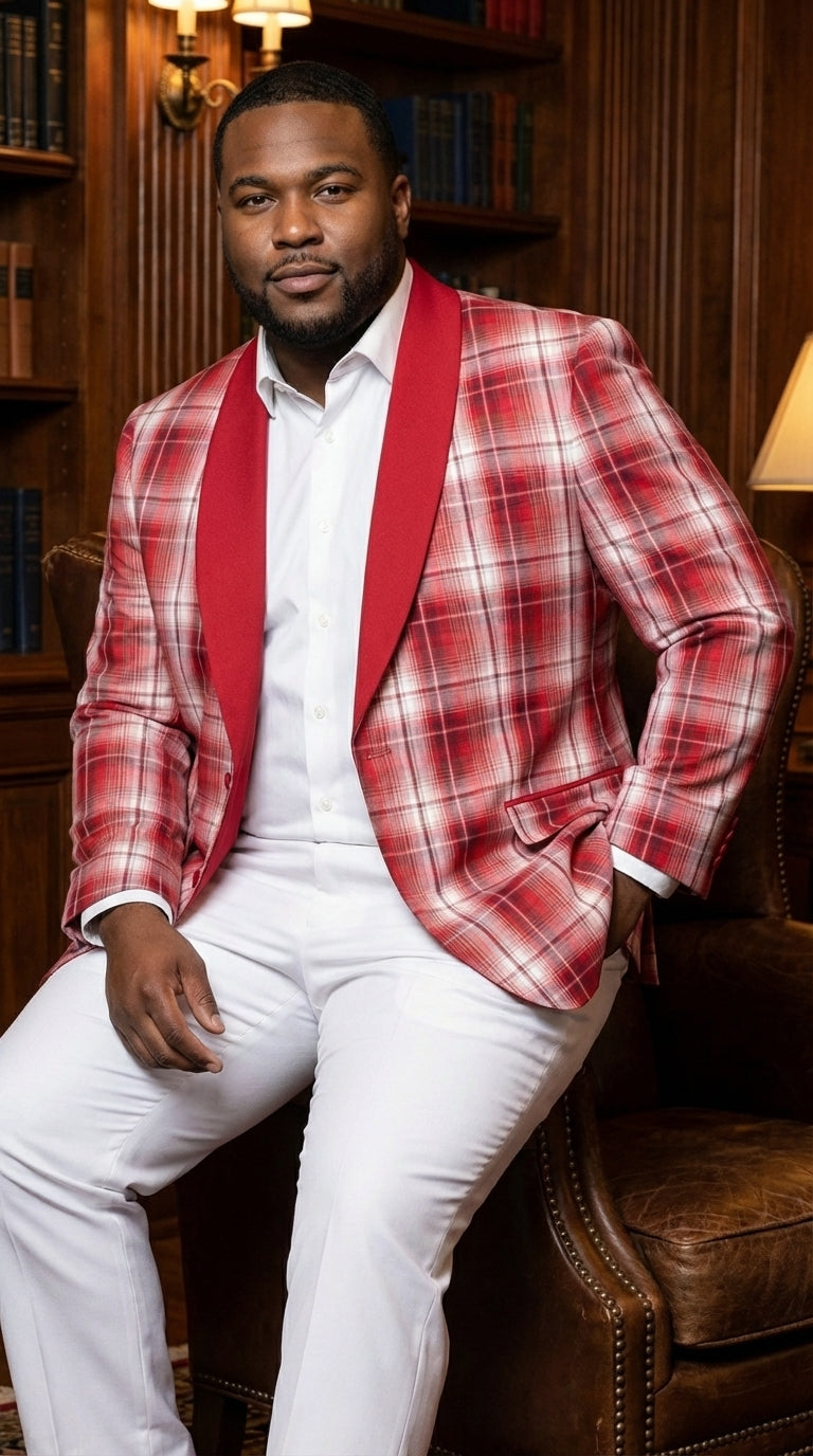 Mens Tartan Red and White Plaid Blazer – Check Pattern Sport Coat Red Shawl Lapel Party Christmas Holiday New Year - 36 Short