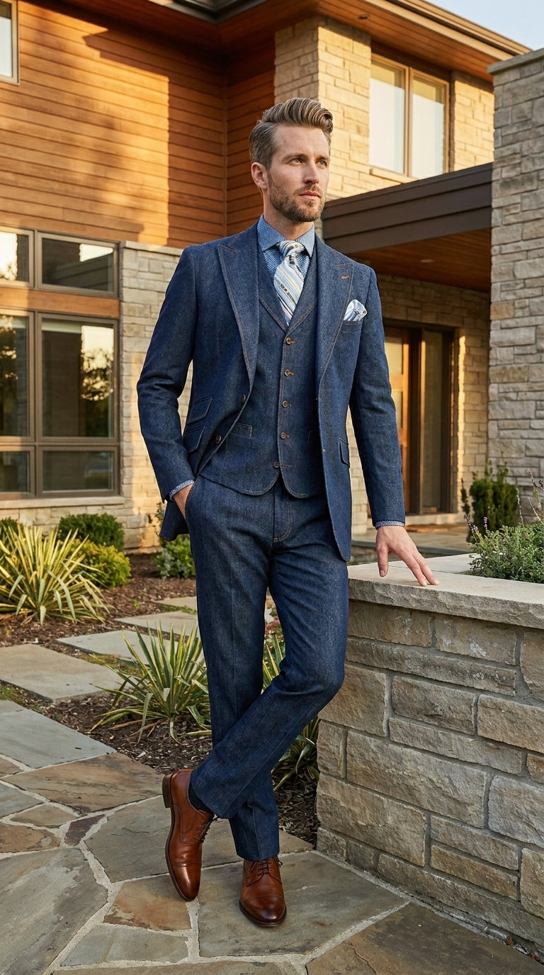 Men’s Pleated Pants Dark Blue Denim 3 Piece Suit – 100% Cotton Formal Suit Set, Blazer Vest Pants Outfit Classic Fit Athletic Fit Lose Fit - 34 Short or Extra Small