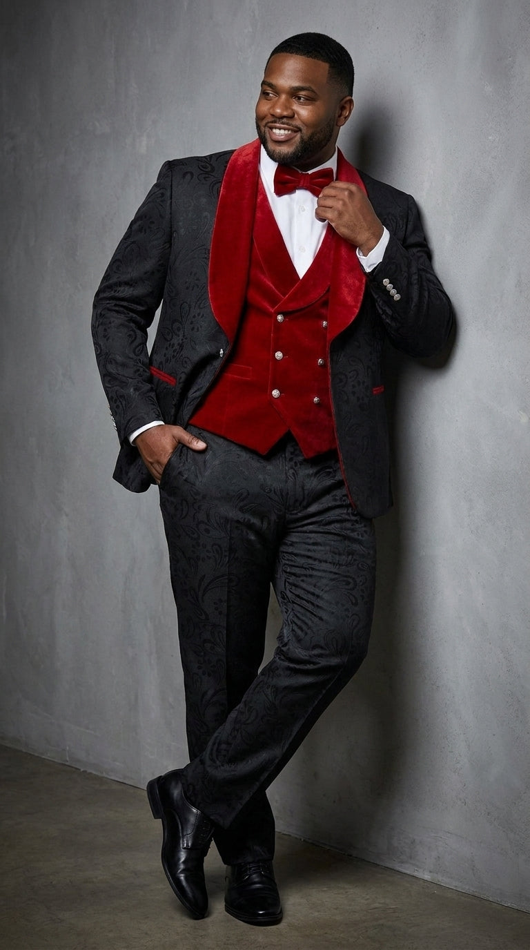 Men’s Black Paisley Tuxedo with Red Velvet Shawl Lapel – 3 Piece Wedding Prom Suit With Matching Bowtie - 34 Short or Extra Small