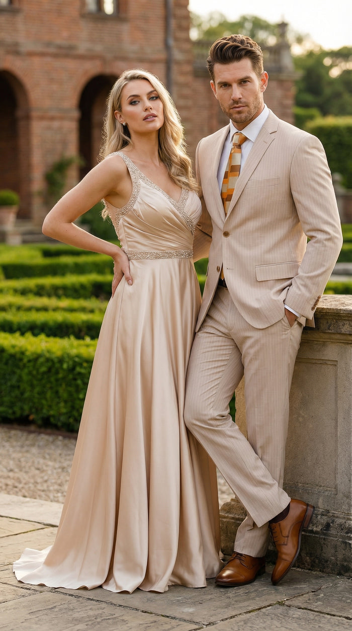 Vitali Mens Natural Beige Pinstripe Suit Summer Tan Pinstripe  Weddings and Business Wear