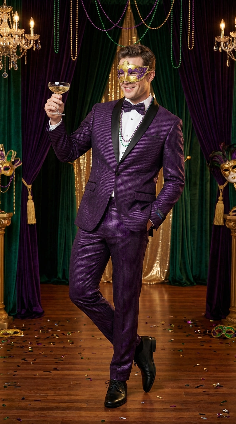 Mens Purple Shimmer Mardi Gras Suit with Black Satin Lapel Shiny Metallic Formal Party and Carnival Suit Sequin Look