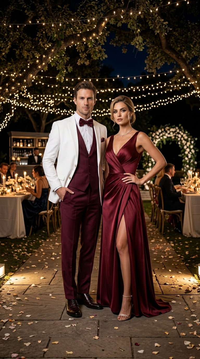 Men’s White and Burgundy 3 Piece Tuxedo Suit, Vested Formal Wedding Prom Dinner Suit Set bowtie included - 34 Short or Extra Small