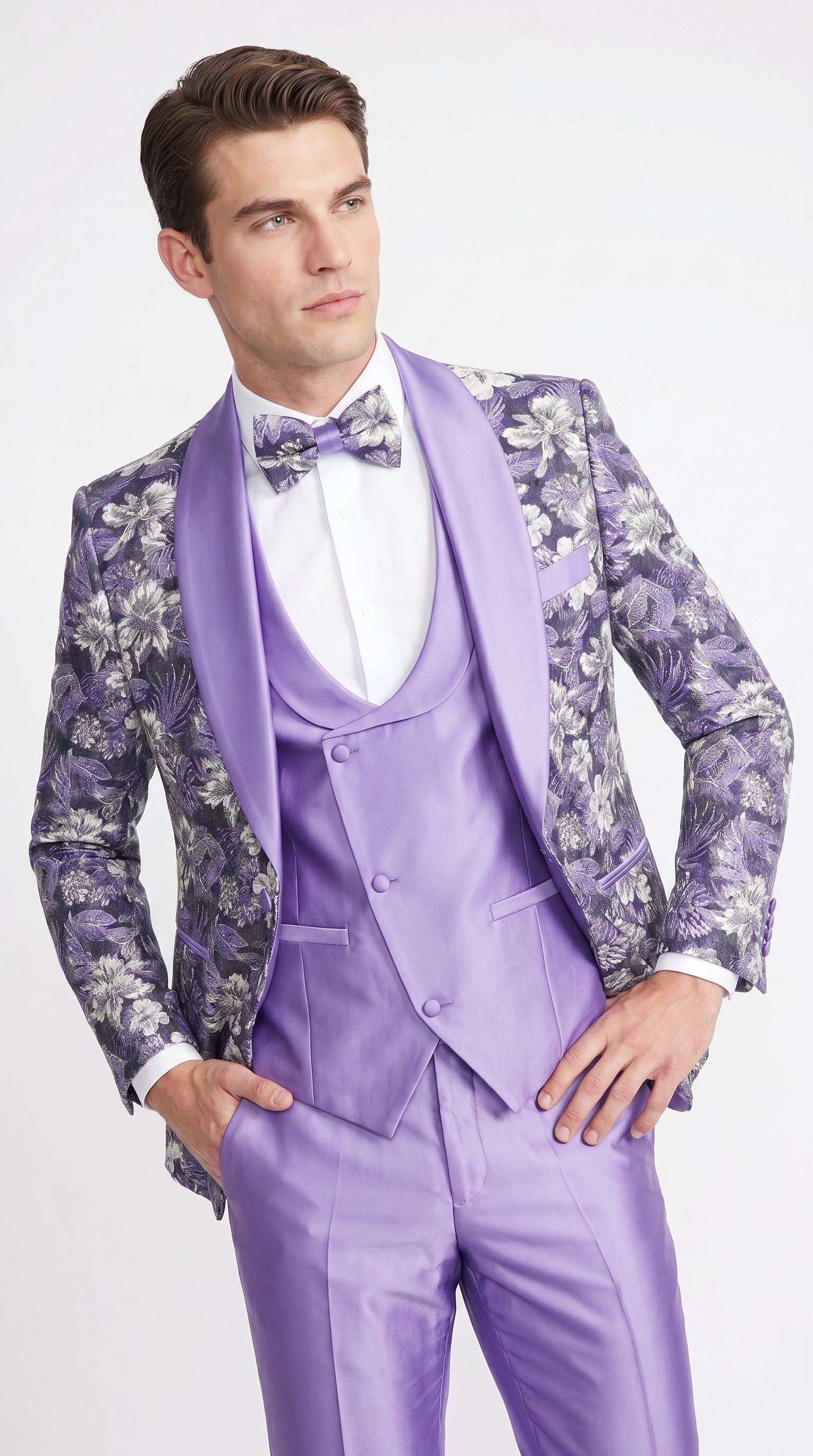 Men’s Lilac Lavender Prom Suit – Floral Shawl Lapel 3 Piece Tuxedo with Matching Vest and Pants