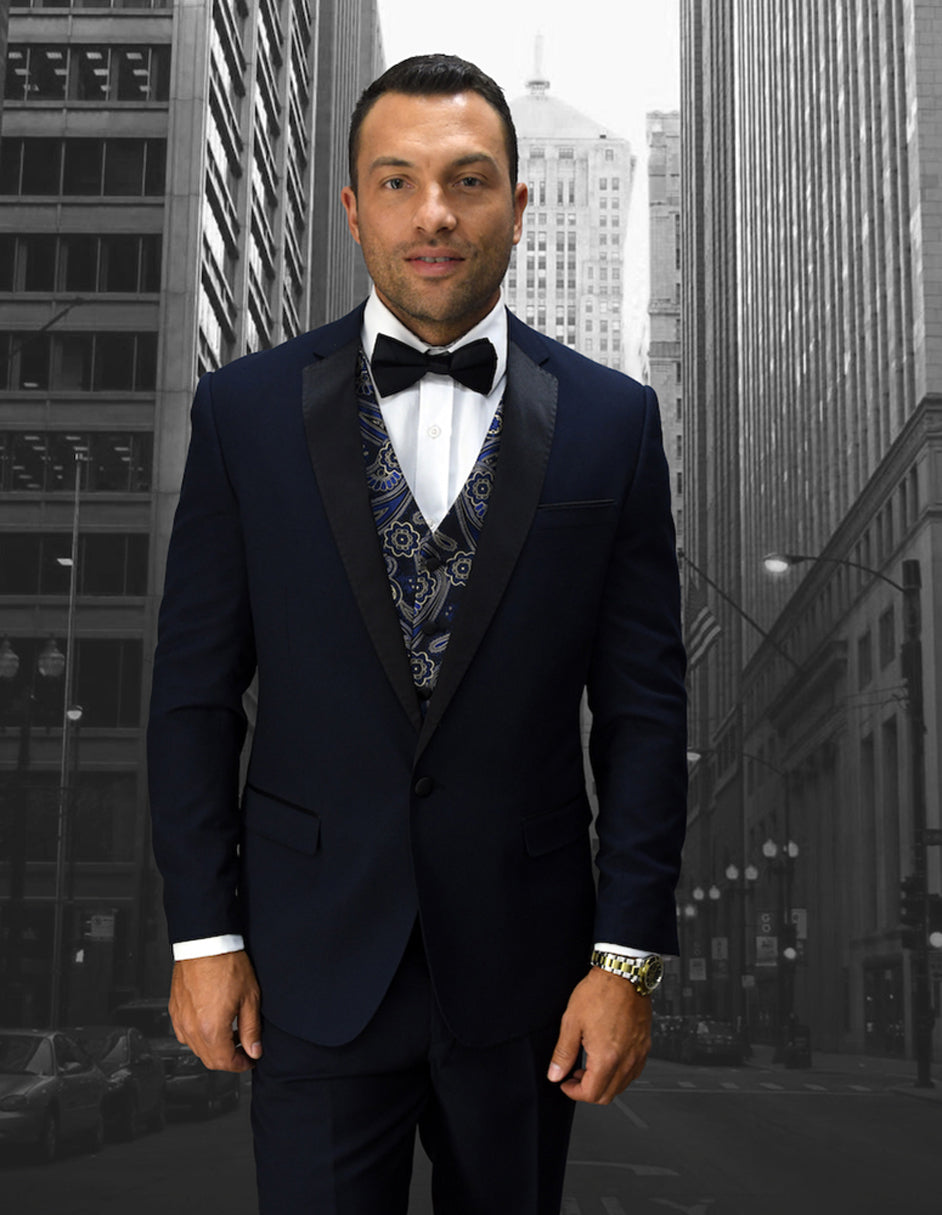 Mens Vested One Button Notch Lapel Wool Tuxedo in Navy Blue - 36 Short