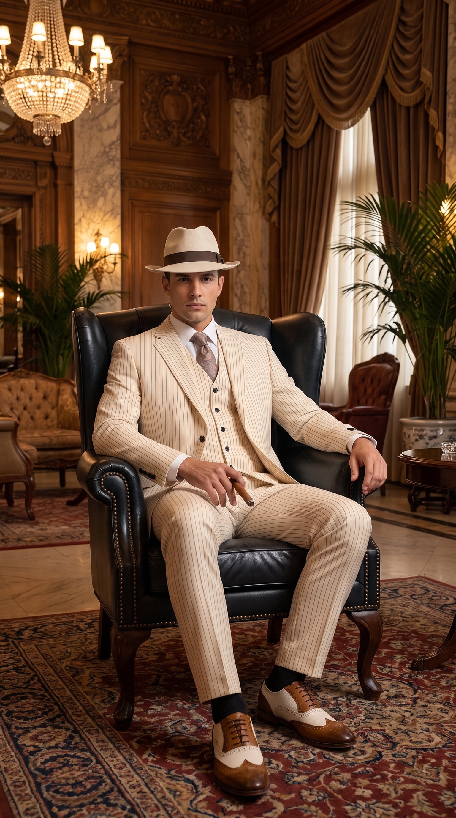 Men’s Ivory Cream Pinstripe 3-Piece Suit – 1920s Gangster Gatsby Wedding and Formal Suit - 34 Short or Extra Small