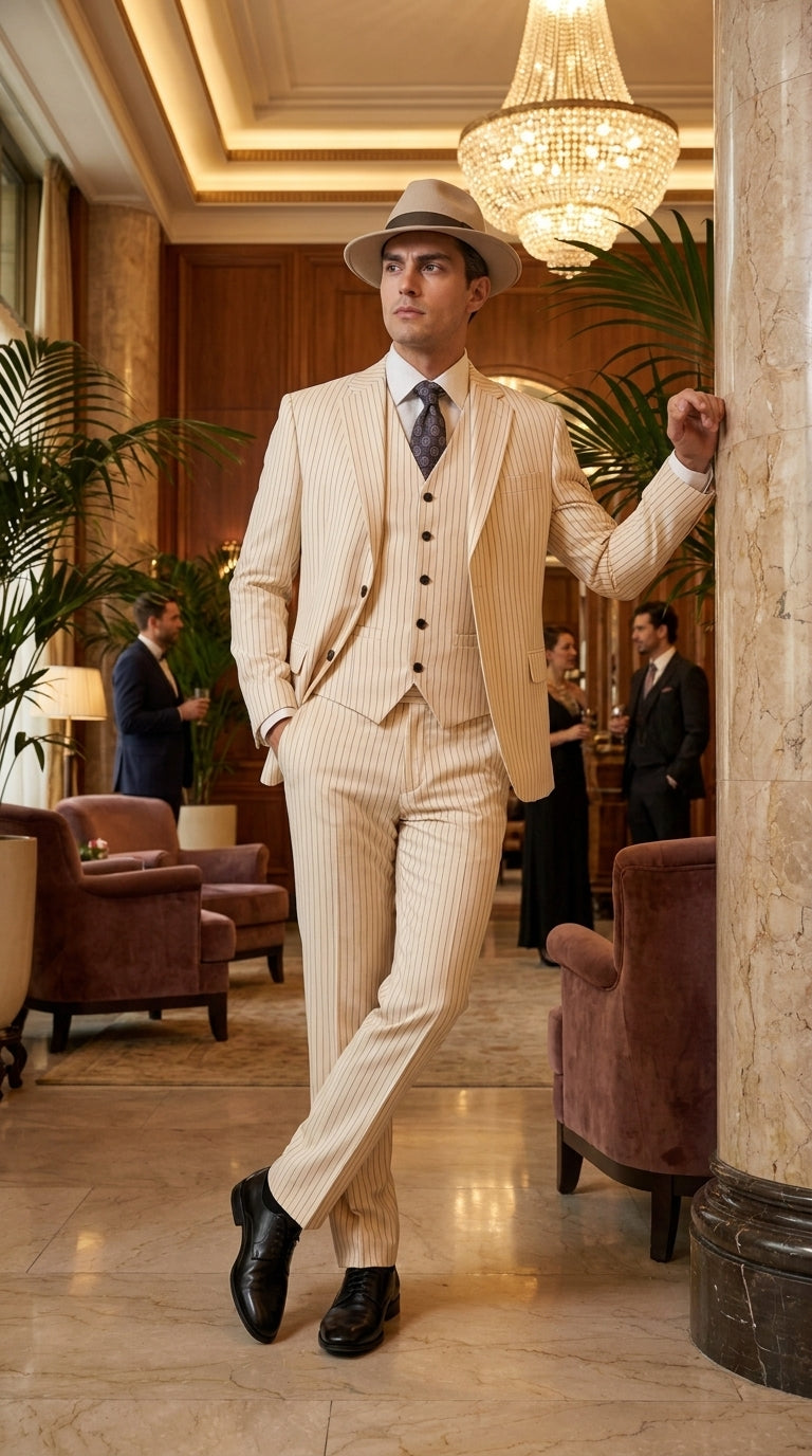 Men’s Ivory Cream Pinstripe Scarface Suit – Vintage Gangster Modern Fit 3-Piece Wedding Suit - 34 Short or Extra Small