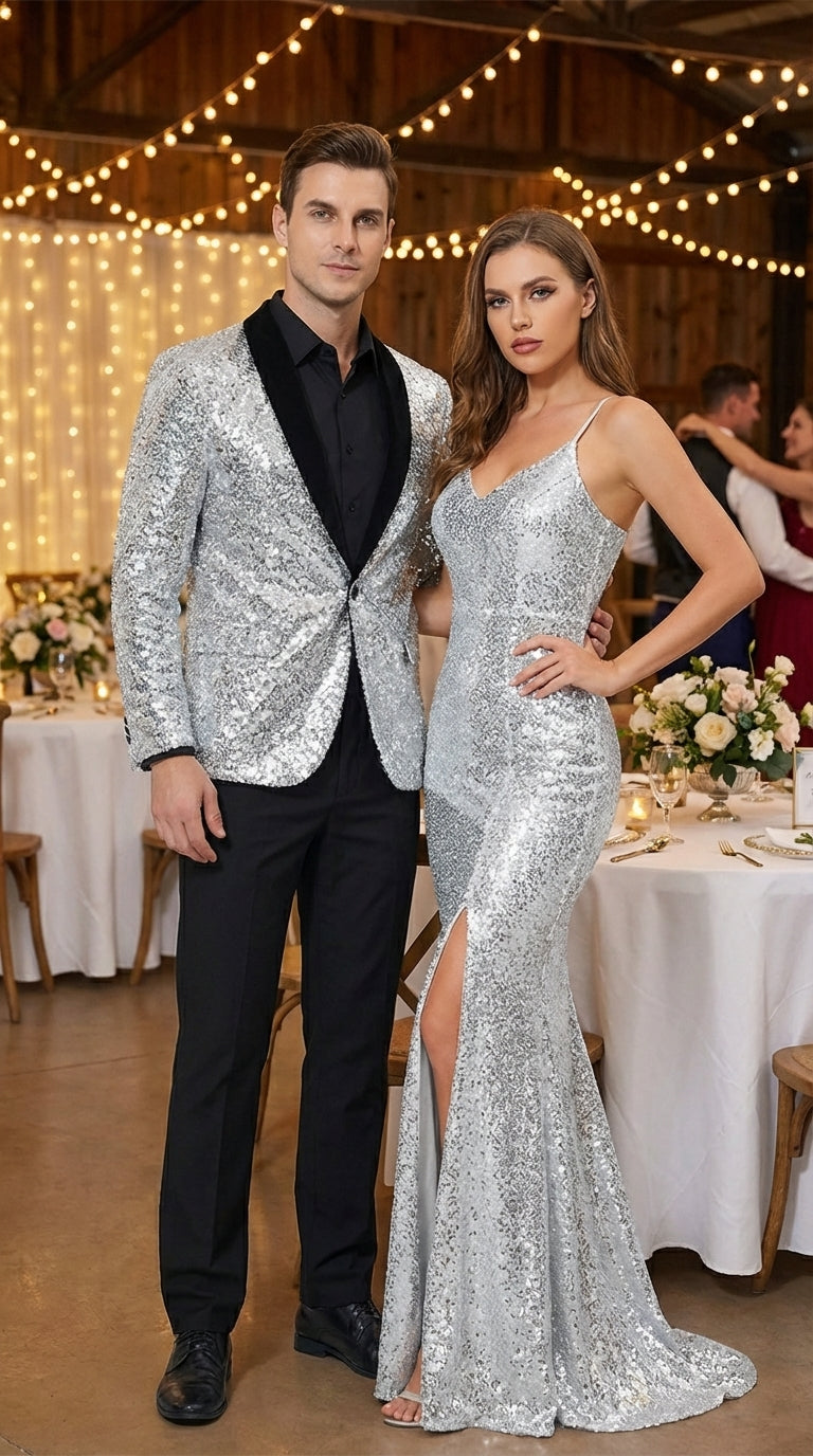 Men’s Silver Sequin Blazer Disco Style Jacket – Black Lapel Party Blazer, Shiny Evening Wear, 70s Dance Outfit, Formal Event Jacket - 34 Short