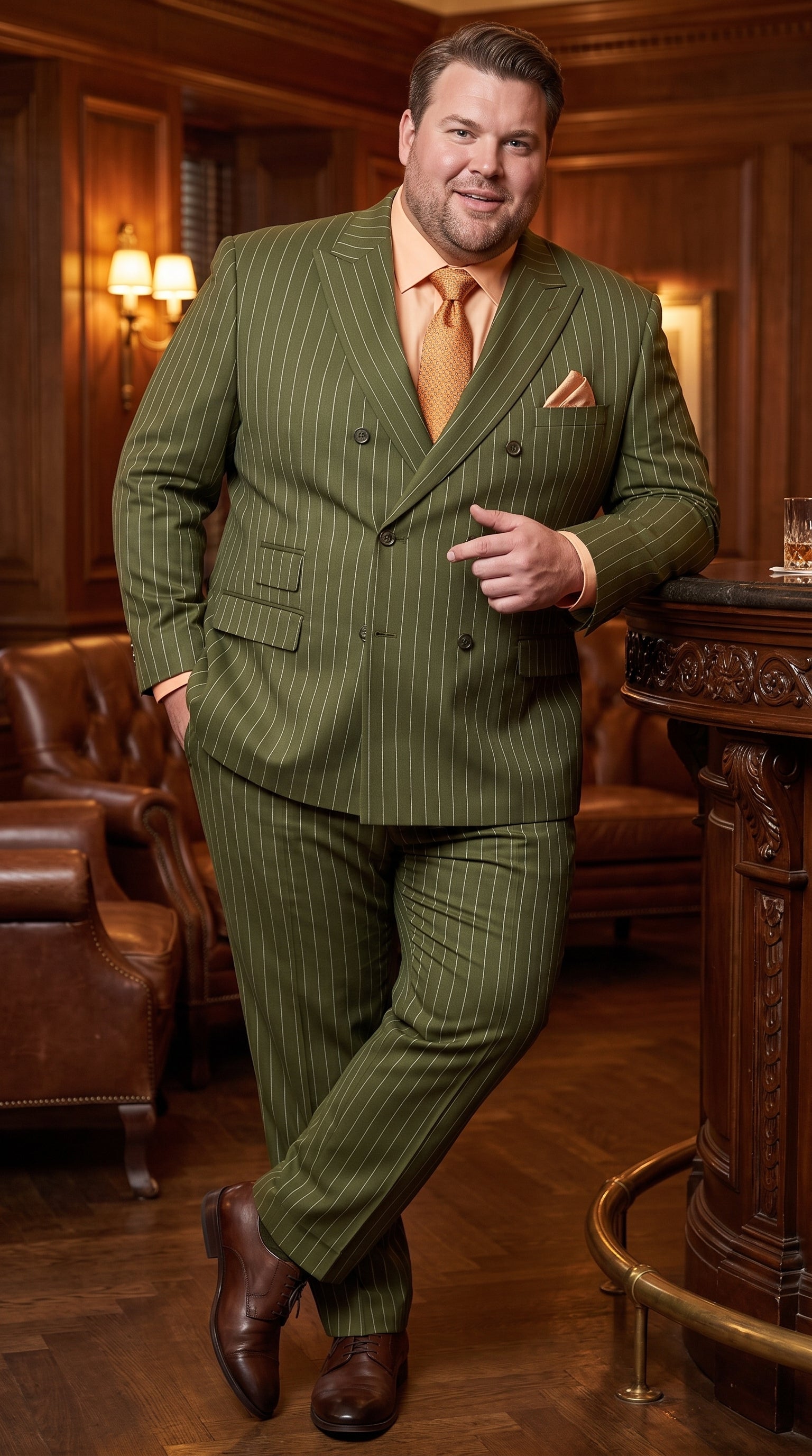 Men’s Olive Green Pinstripe Double-Breasted Suit – Classic Wedding, Business and Formal Suit - 34 Short or Extra Small
