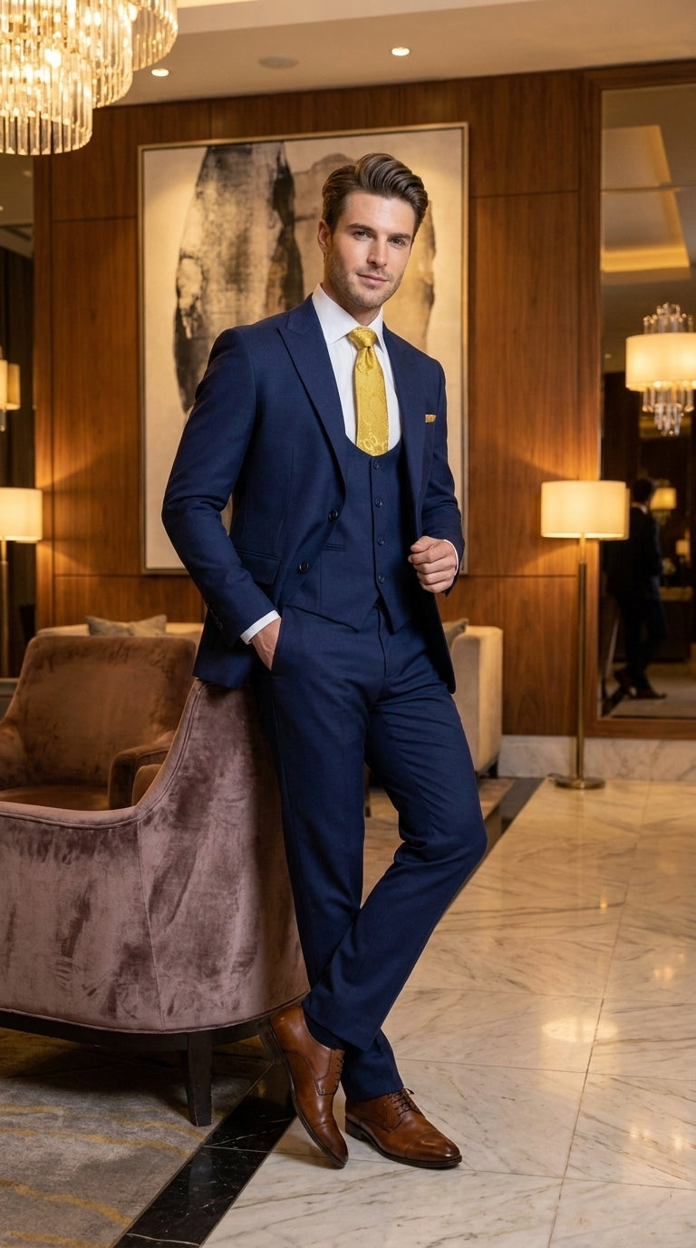 Mens Vitali 3 Piece Suit W/Scoop Vest Navy Blue 3-Piece Suit – Big Peak Lapel  Vest and Pants  Modern Fit Two Buttons