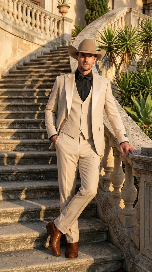 Mens Tan Cowboy Suit Western Formal Two Piece Suit for Weddings,  Champaign Sand Color
