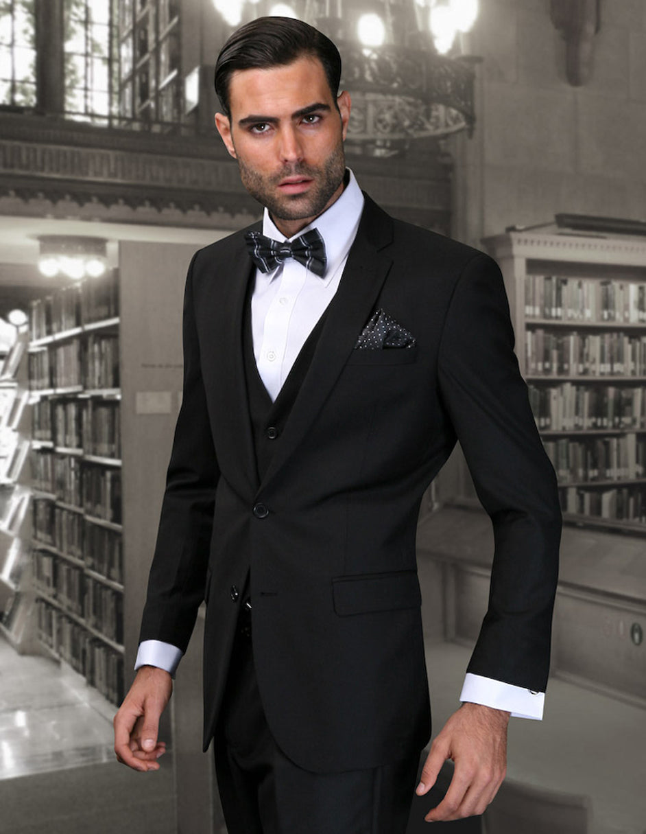 Mens 2 Button Skinny Vested Wool Suit in Black - 38 Short Jacket+32 Waist Adjustable 28to34)(Height: 5 4 to5 7 )(Neck  15-16.5)S-M)