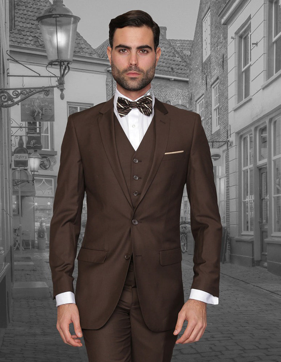 Mens 2 Button Skinny Vested Wool Suit in Brown - 38 Short