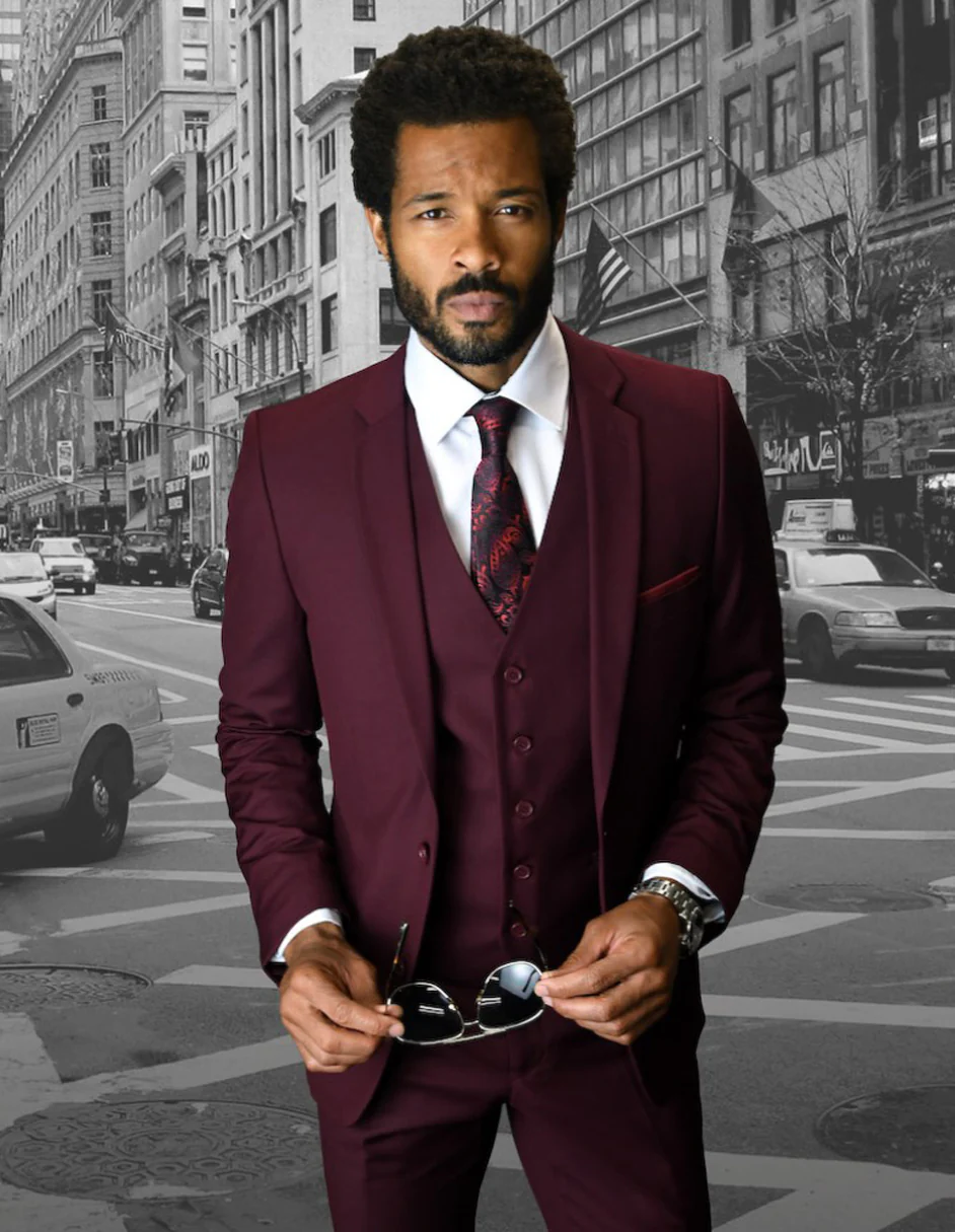 100 Percent Wool Suit - Mens Wool Business Burgundy Suits