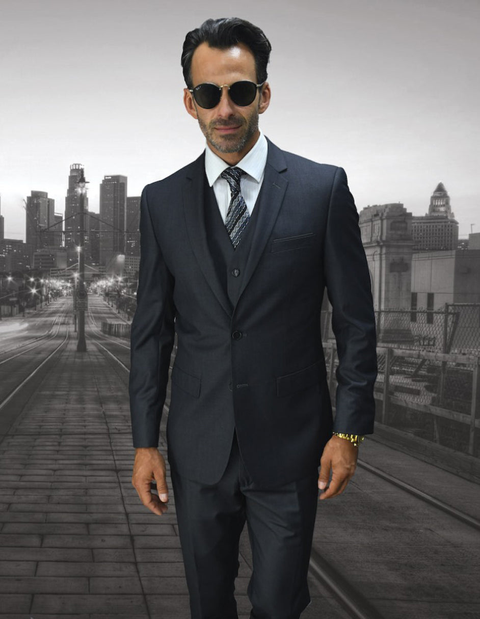 Mens 2 Button Skinny Vested Wool Suit in Charcoal Grey - 38 Regular