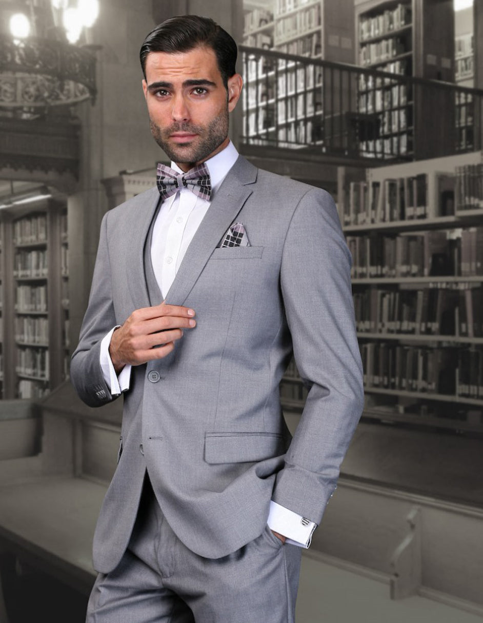 Mens 2 Button Skinny Vested Wool Suit in Grey - 34 Short