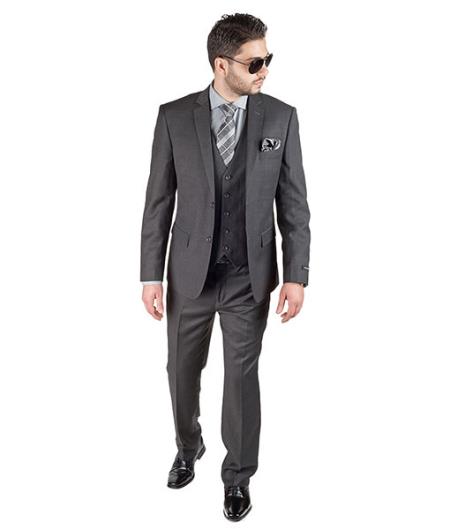 Men 3 Piece Slim Fit With Double Vested Suit Charcoal Grey - L or Large