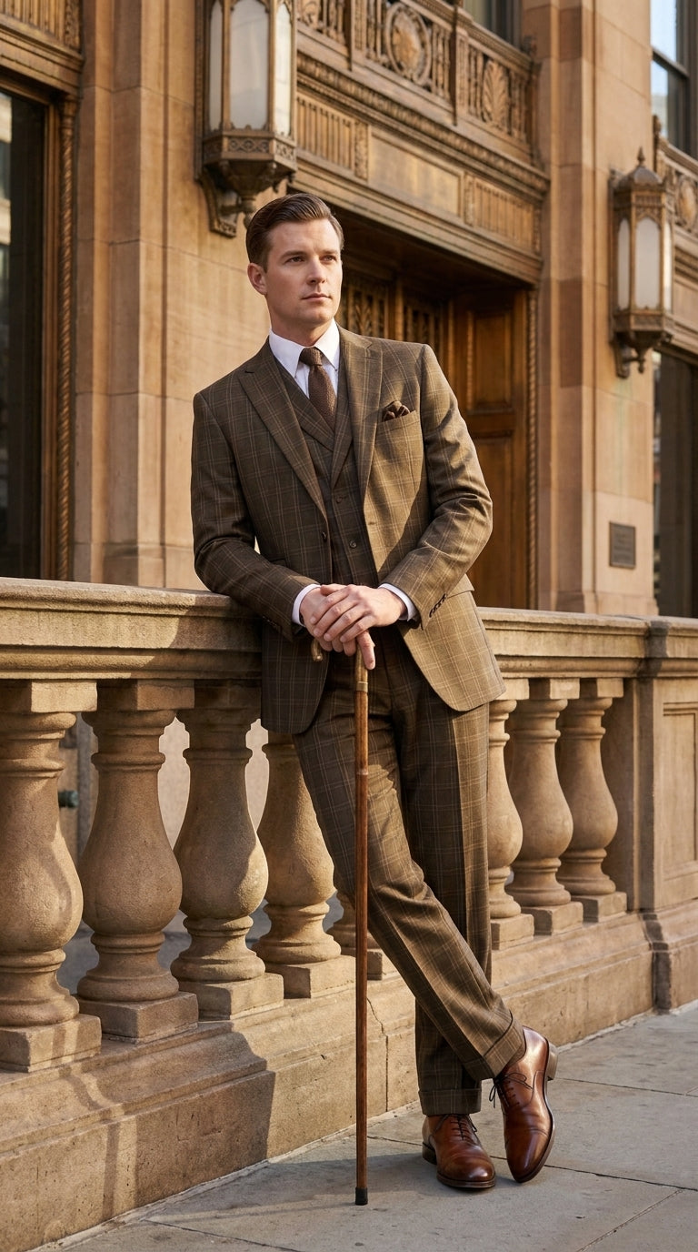 Men’s 1930s Brown Plaid 3 Piece Suit, Vintage Formal Wedding Business Dress Suit Set - 34 Short or Extra Small