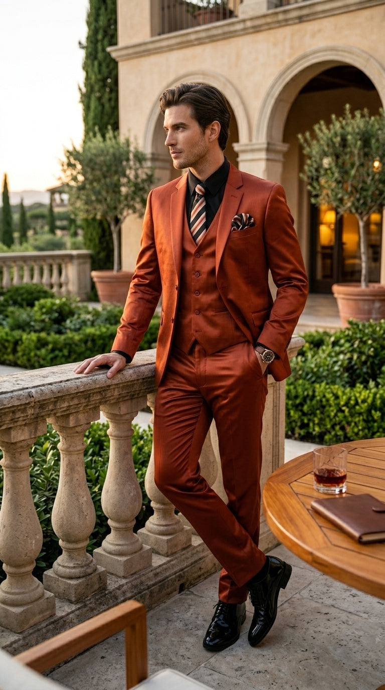 Men’s Rust Copper Coganc Shiny Sateen 3 Piece Suit, Vested Formal Wedding Prom Suit Set Ultra Slim Fit