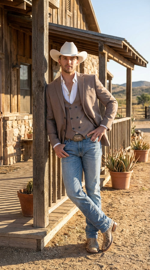 Mens Beige Cowboy Blazer with Double breasted Vest – Western Two Piece Suit Pants included