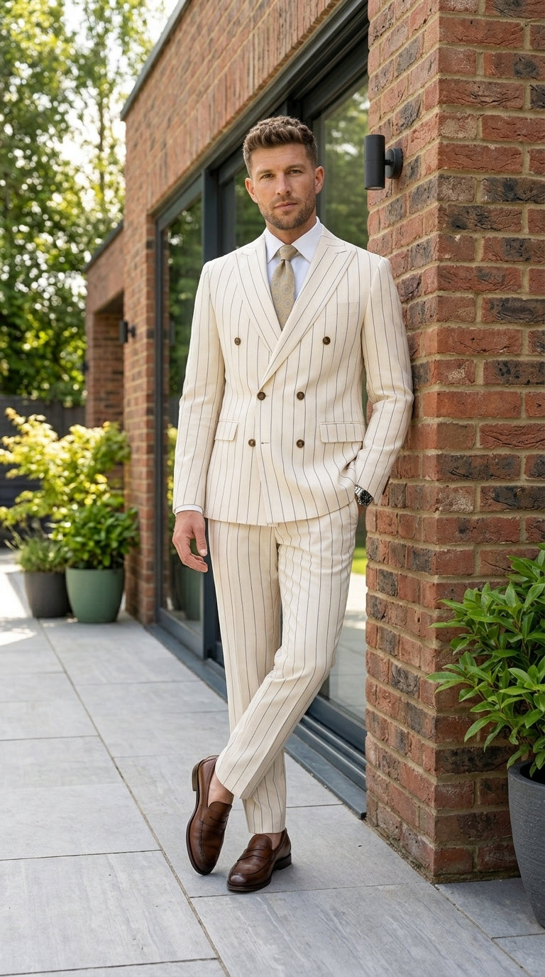 Men’s Cream Off White Pinstripe Linen Pinstripe 2 Piece Double Breasted Suit, Summer Wedding Ivory Color By Vitali - 34 Short or Extra Small