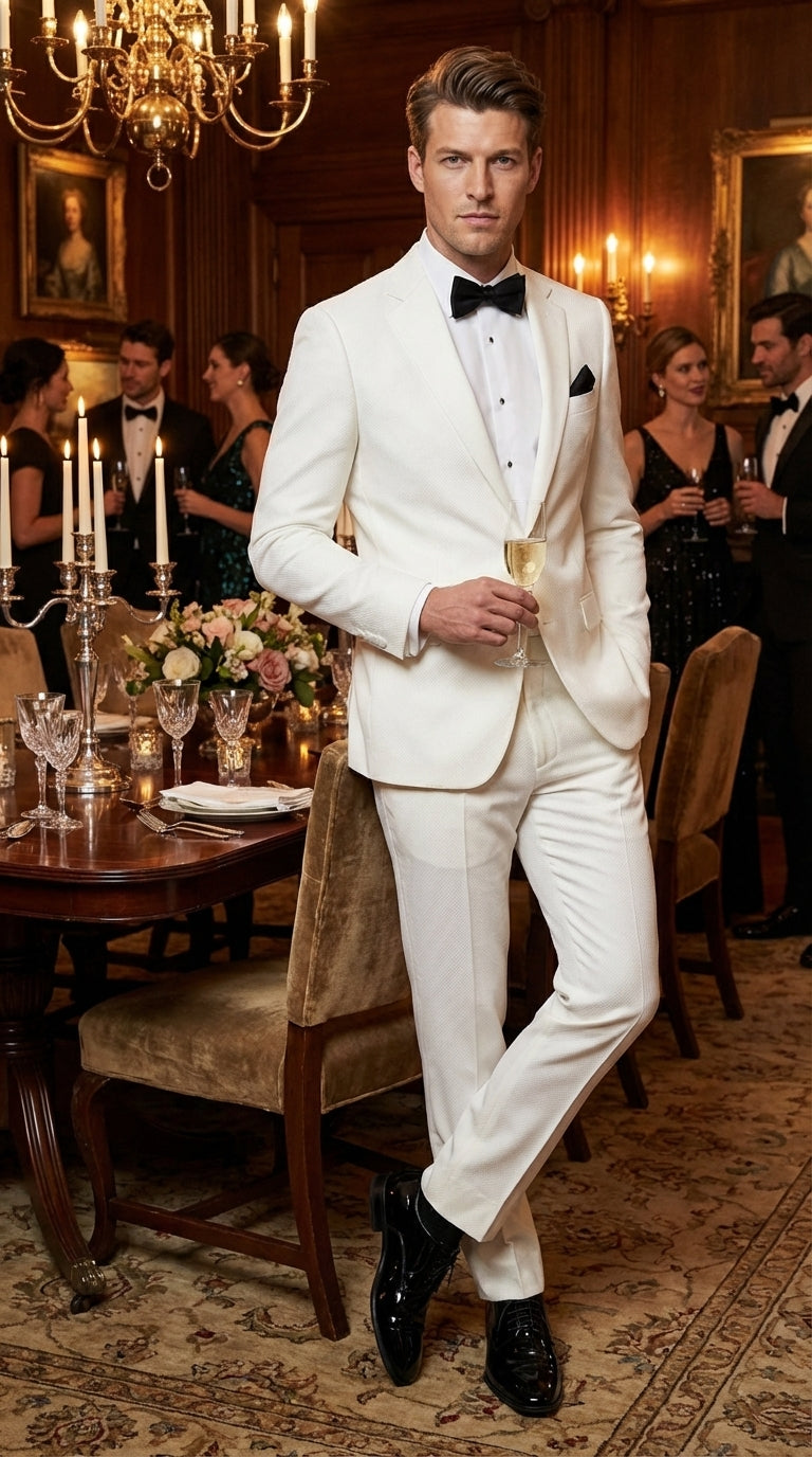 Mens White Wedding Tuxedo Suit – Formal Groom Suit Set Classic Dinner Jacket + White Tuxedo Shirt + Black Bow Tie - 34 Short or Extra Small