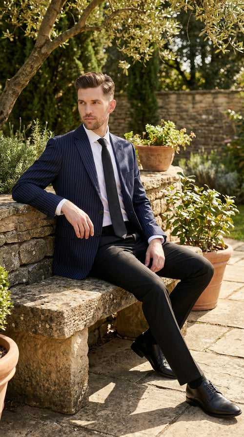 Mens Navy Blue Pinstripe Blazer Classic Tailored Formal Jacket for Business, Office and Professional Wear